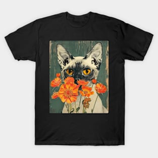 Devon Rex Cat Flowers Photo Cat Lover Gift Idea T-Shirt